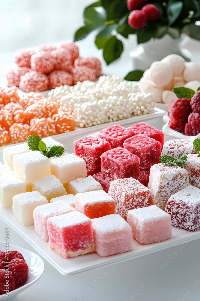 A dessert display with delicate garnishes and a soft-focus background. A dessert display with delicate garnishes and a soft-focus background.
