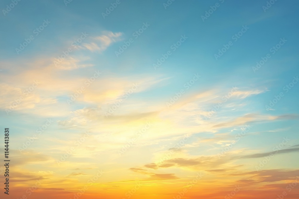 Fototapeta premium A stunning, luxurious soft gradient of orange and gold clouds illuminated by sunlight against a blue sky, perfect for a background, captured in the evening twilight. This is a large, high-definition