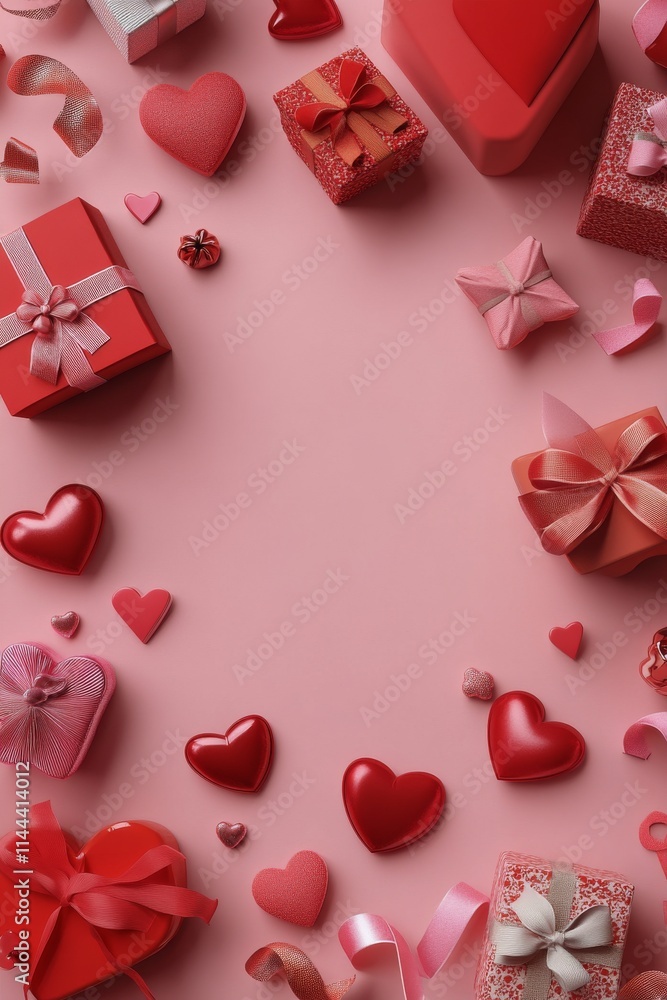 Creative arrangement of red gifts and hearts for a romantic celebration on a pink background during special Creative arrangement of red gifts and hearts for a romantic celebration on a pink background during special