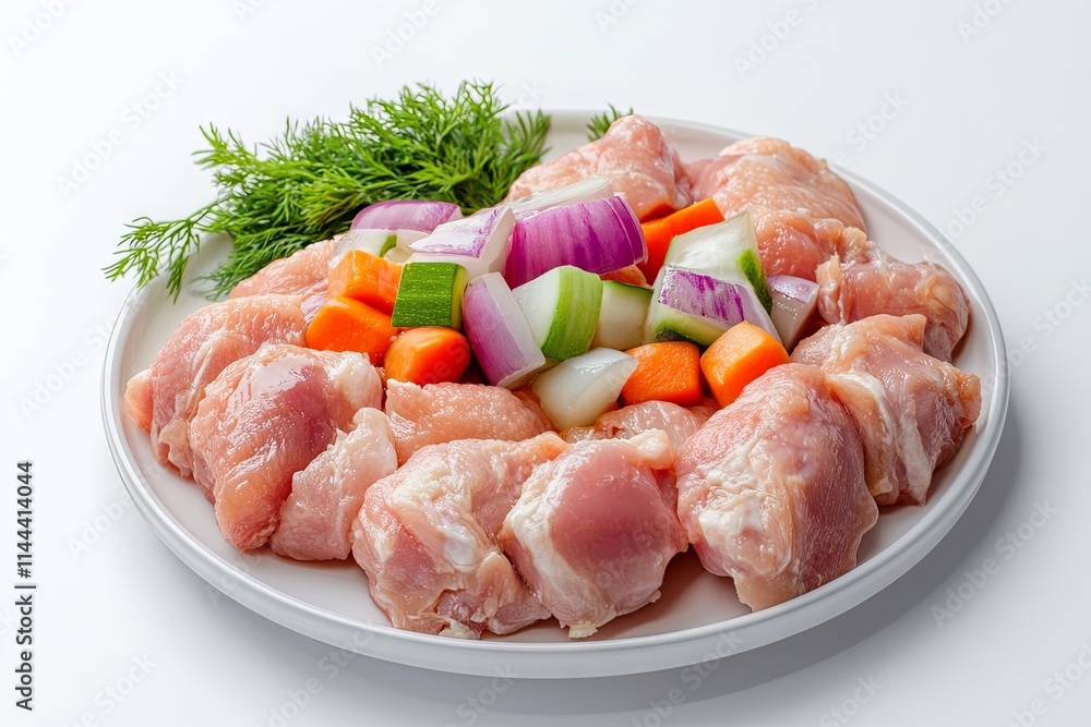Raw Chicken Pieces with Chopped Vegetables on a Plate Raw Chicken Pieces with Chopped Vegetables on a Plate