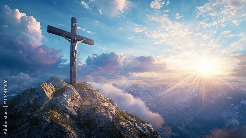 Sacred sunlight illuminates the wooden cross of Christ, with religious clouds set against a blue sky. Sacred sunlight illuminates the wooden cross of Christ, with religious clouds set against a blue sky.