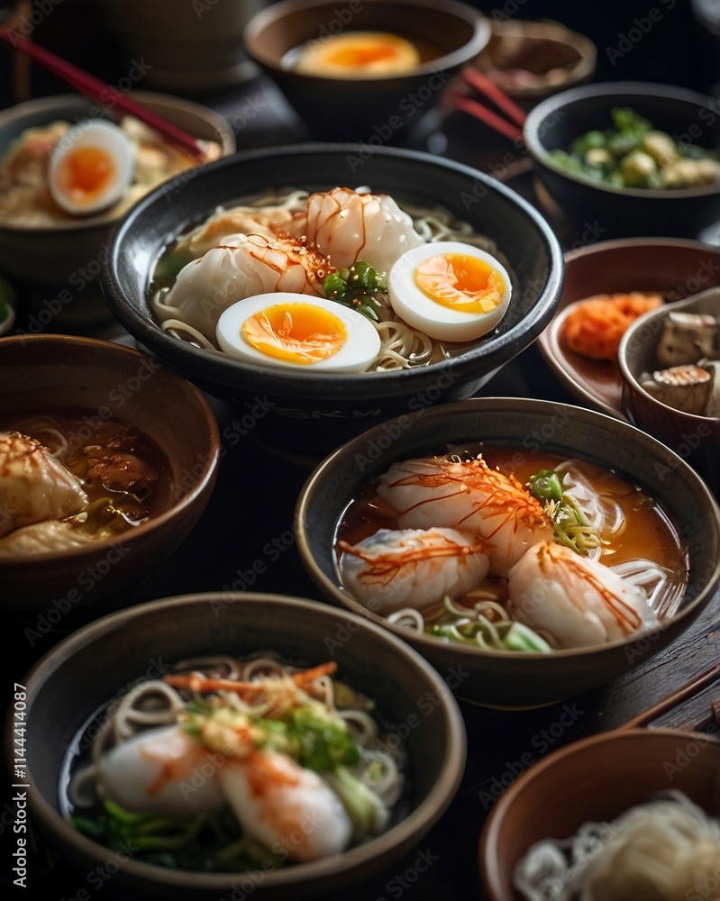 A close-up shot of a vibrant street food market, featuring colorful bowls of Asian cuisine steaming ramen noodles with soft-boiled eggs, sushi rolls,generative ai A close-up shot of a vibrant street food market, featuring colorful bowls of Asian cuisine steaming ramen noodles with soft-boiled eggs, sushi rolls,generative ai