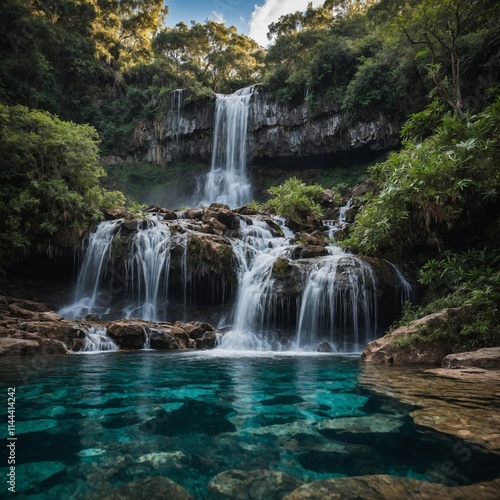 A stunning waterfall cascading into a crystal-clear pool below.