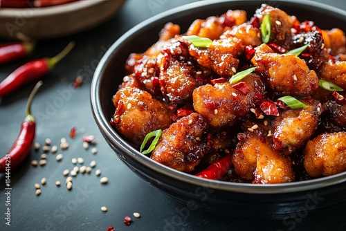 Delicious Spicy Honey Garlic Chicken in Black Bowl