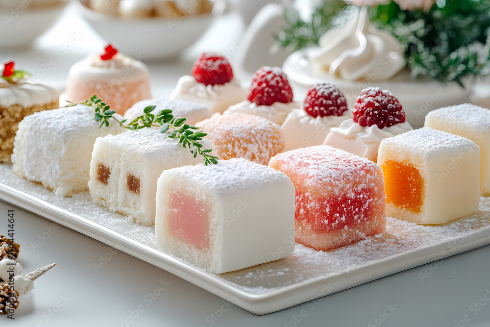 A dessert display with delicate garnishes and a soft-focus background. A dessert display with delicate garnishes and a soft-focus background.