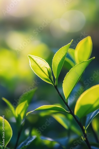 Fresh green leaves glistening in the warm sunlight during a serene morning in...