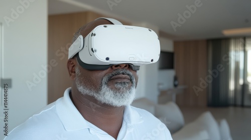 A man immersed in a virtual reality experience wears a headset, embodying the fusion of technology and human imagination in a modern setting. photo