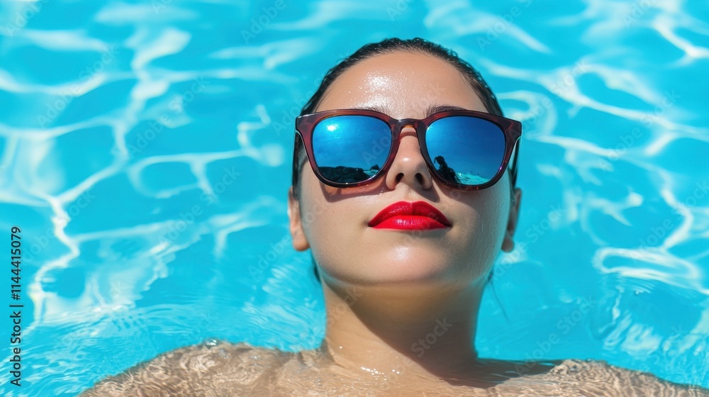 Naklejka premium Woman Relaxing in Swimming Pool with Sunglasses and Bright Red Lips