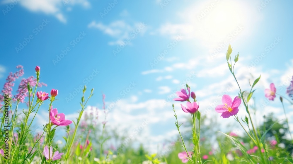 Bright Spring Meadow with Colorful Pink Flowers Under Clear Blue Sky Bright Spring Meadow with Colorful Pink Flowers Under Clear Blue Sky