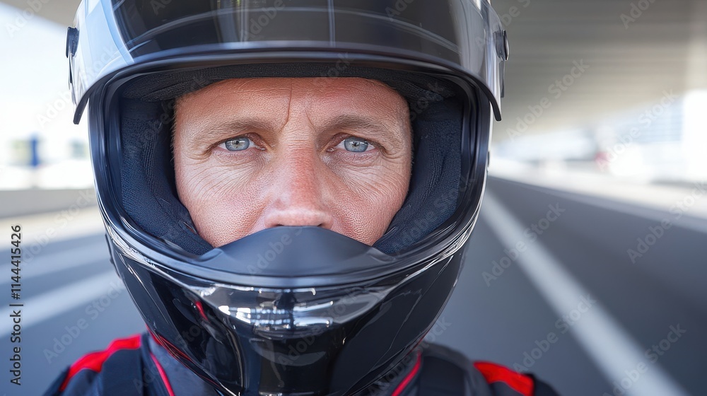 A motorcyclist with a full-face helmet stares intensely forward, embodying determination and readiness for the road ahead. A motorcyclist with a full-face helmet stares intensely forward, embodying determination and readiness for the road ahead.