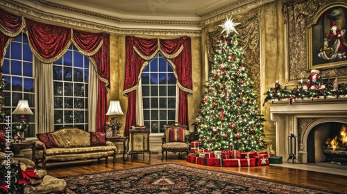 Wallpaper Mural Elegant Christmas Living Room with Tree and Decorations at Night Torontodigital.ca