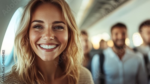 Wallpaper Mural A cheerful woman with a bright smile and blonde hair enjoys her flight, illuminated by the warm sunlight streaming through the airplane window, creating a joyful atmosphere. Torontodigital.ca