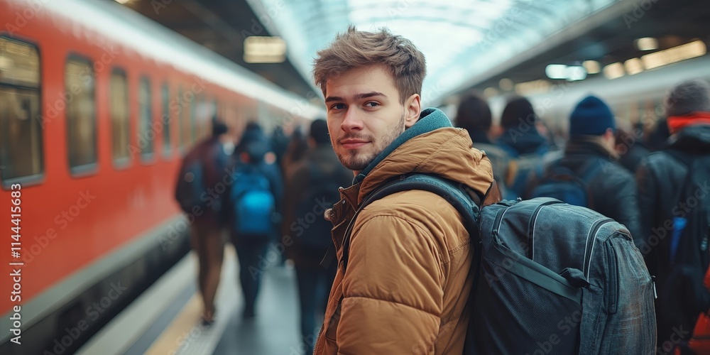 Backpacker Waiting for Train at Station Backpacker Waiting for Train at Station