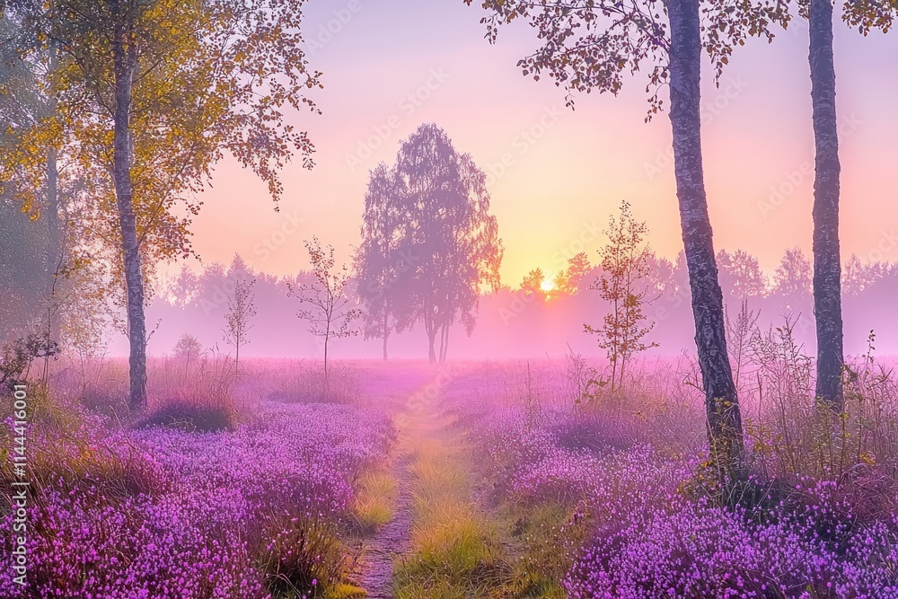 A sunrise walk through blossoming heather in The Netherlands. A sunrise walk through blossoming heather in The Netherlands.