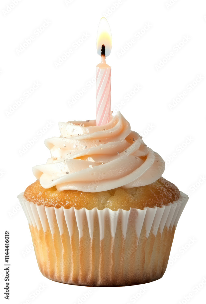 Vanilla cupcake with pink candle and icing swirl Vanilla cupcake with pink candle and icing swirl