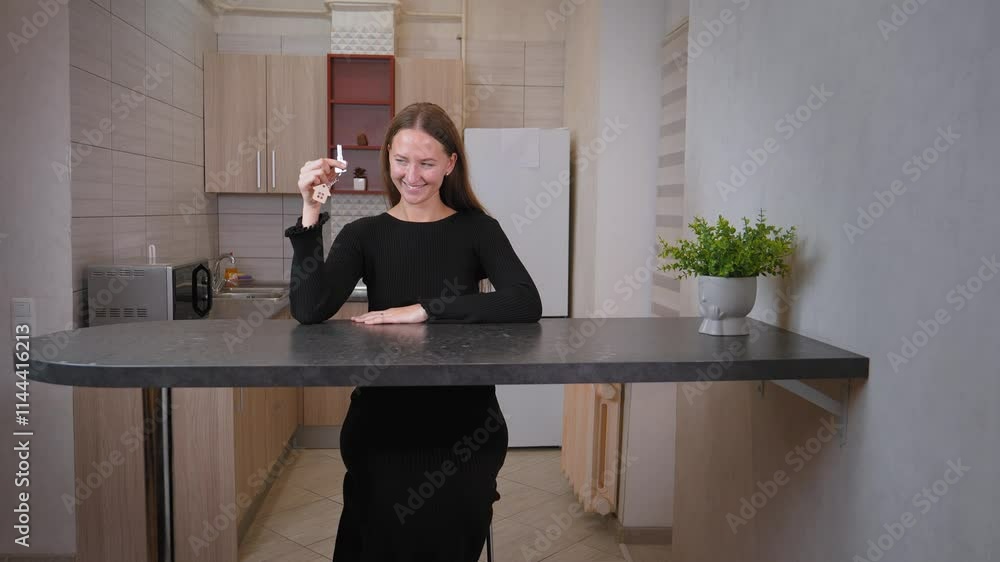 Woman holds keys with house keychain, posing and showcasing various facial expressions in each frame, radiating pride and excitement about her new home Woman holds keys with house keychain, posing and showcasing various facial expressions in each frame, radiating pride and excitement about her new home