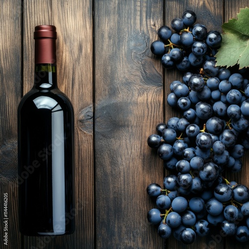 Dark glass wine bottle next to a bunch of ripe purple grapes on a rustic wood...