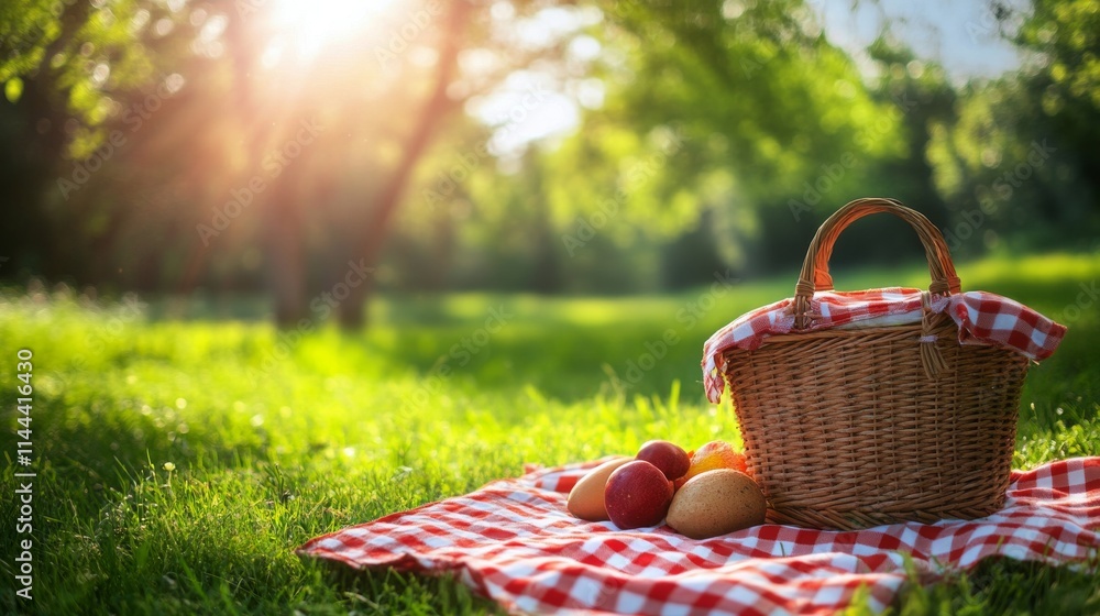 Picnic basket with fresh bread and lemons on a checkered blanket in a sunlit park during a warm afternoon Picnic basket with fresh bread and lemons on a checkered blanket in a sunlit park during a warm afternoon