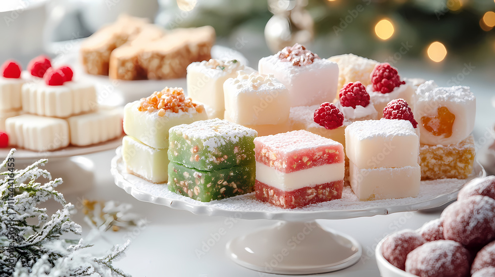A dessert display with delicate garnishes and a soft-focus background. A dessert display with delicate garnishes and a soft-focus background.