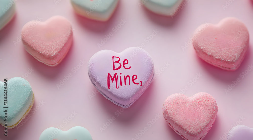 Colorful heart-shaped candies arranged on a pastel background, featuring the message Colorful heart-shaped candies arranged on a pastel background, featuring the message