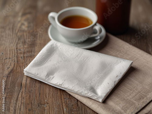 Tea cup on a plate and tissue on a vintage wooden table