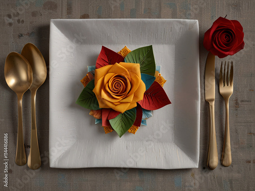 Sweet delicacy in colorful flower shape on a plate with gold silverware, premium luxury food