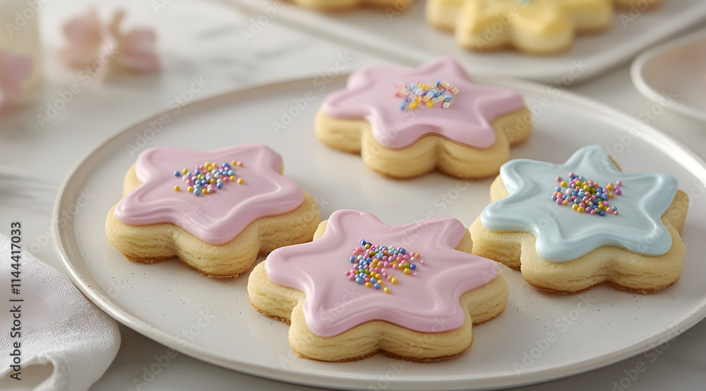 Colorful star-shaped cookies with pastel icing and sprinkles, beautifully arranged on a white plate, creating a delightful and festive atmosphere. Colorful star-shaped cookies with pastel icing and sprinkles, beautifully arranged on a white plate, creating a delightful and festive atmosphere.