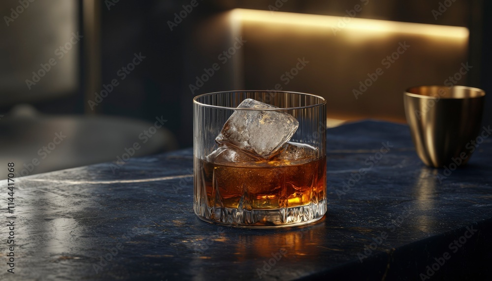 Whiskey Glass With Ice On Dark Surface Whiskey Glass With Ice On Dark Surface