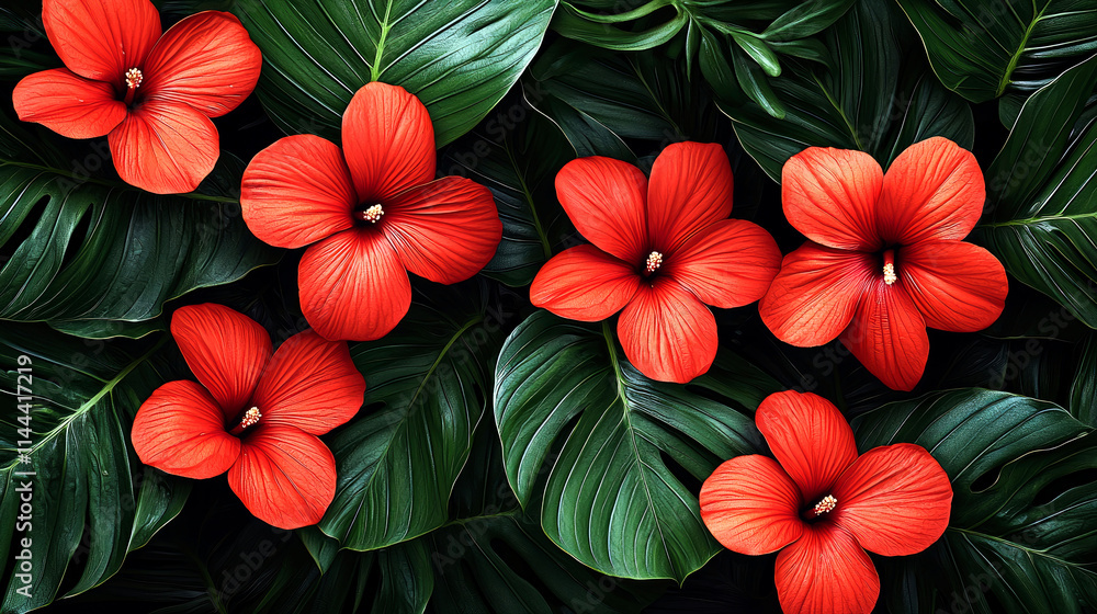 custom made wallpaper toronto digitalRed hibiscus flowers on lush green tropical leaves.