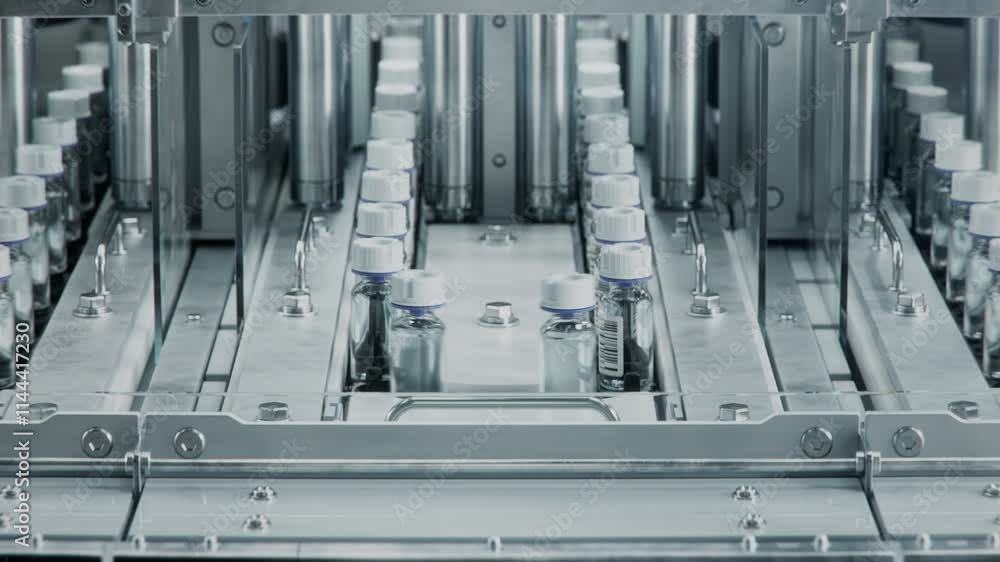 Close-up of Medical Glass Vials with White Caps on Conveyor Line at Modern Pharmaceutical Factory. Medication Production Plant. Medicine Manufacturing Process. Close-up of Medical Glass Vials with White Caps on Conveyor Line at Modern Pharmaceutical Factory. Medication Production Plant. Medicine Manufacturing Process.