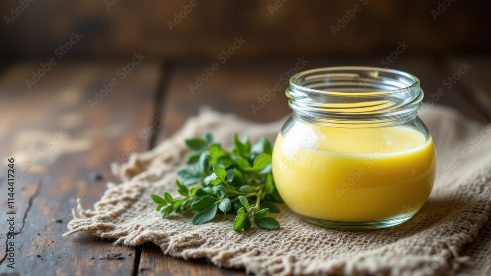 A jar of golden-yellow beef tallow sitting on a textured wooden surface with a sprig of green herbs nearby. A jar of golden-yellow beef tallow sitting on a textured wooden surface with a sprig of green herbs nearby.