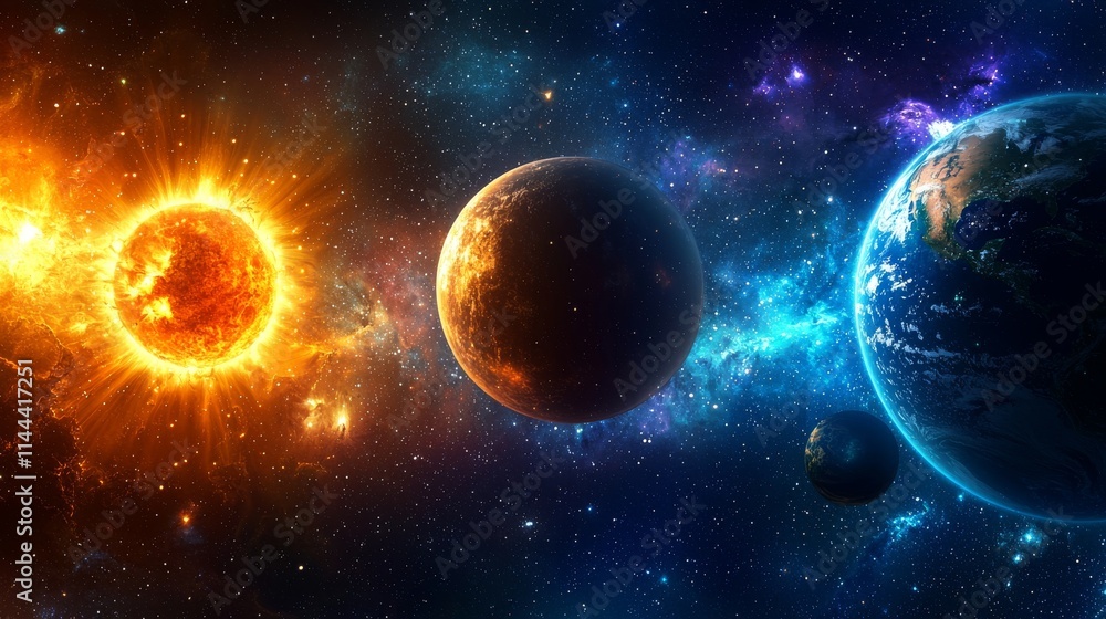 A star eclipses, while planet Earth floats in space under a bright sun. A star eclipses, while planet Earth floats in space under a bright sun.