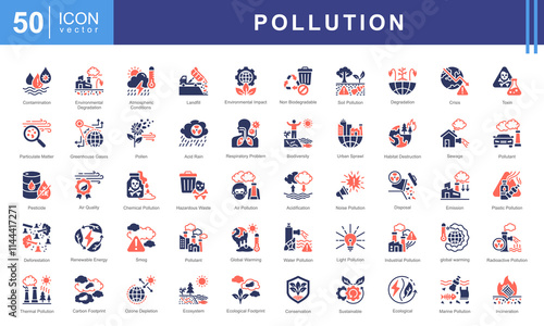 Pollution icon set with air, water, soil, noise, plastic, industrial, chemical, radioactive, thermal and light.