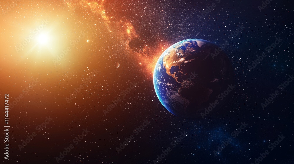 With a star in eclipse, Earth orbits in space, illuminated by the bright sun. With a star in eclipse, Earth orbits in space, illuminated by the bright sun.
