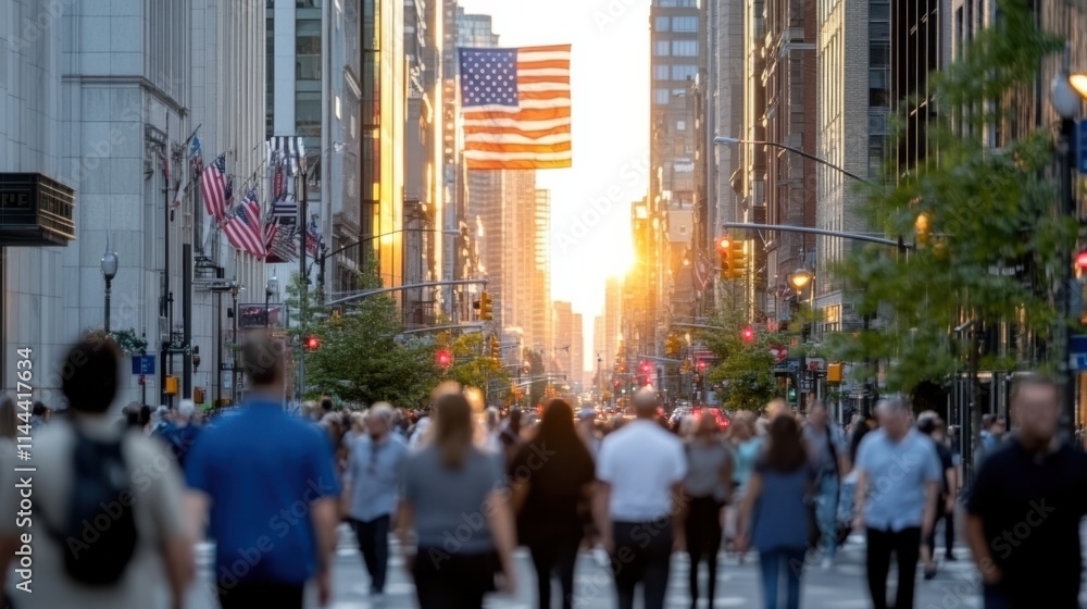 People blend into the cityscape under the evening sky, with an American flag overhead reflecting unity and diversity amidst urban life. People blend into the cityscape under the evening sky, with an American flag overhead reflecting unity and diversity amidst urban life.
