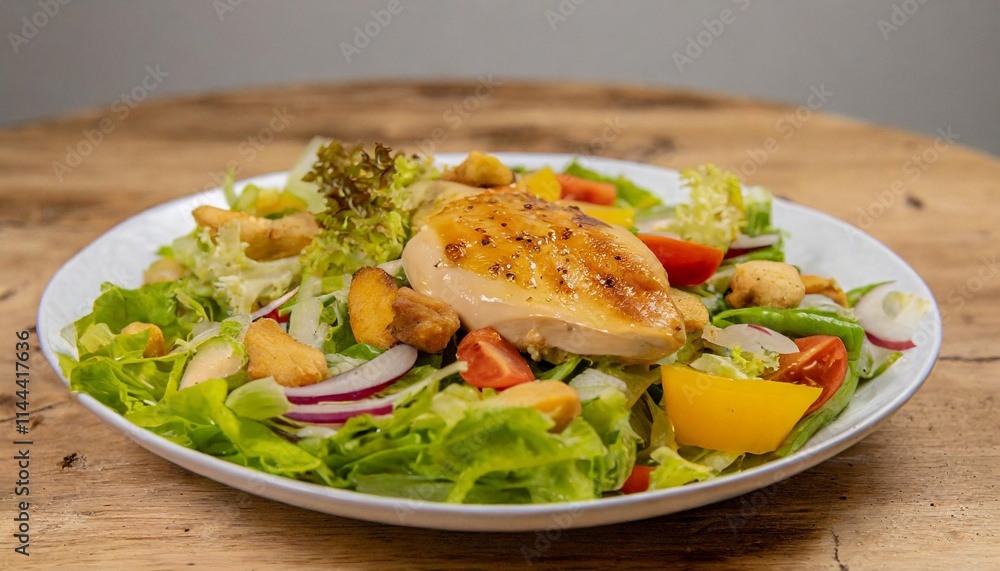 Fresh and Healthy Salad with Grilled Chicken and Mixed Vegetables on a Wooden Table Fresh and Healthy Salad with Grilled Chicken and Mixed Vegetables on a Wooden Table