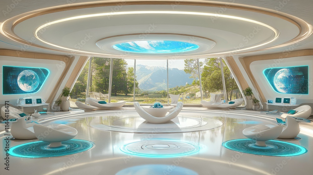 Fototapeta premium A luxurious spaceship interior with a large panoramic window framing a clear view of Earth from orbit, surrounded by glowing blue screens and futuristic elements