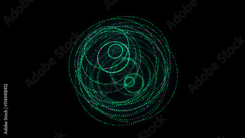Abstract green sphere on black background. Wireframe circle structure with glowing particles. Futuristic digital illustration. 3D rendering.