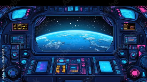 Fototapeta Naklejka Na Ścianę i Meble -  A luxurious spaceship interior with a large panoramic window framing a clear view of Earth from orbit, surrounded by glowing blue screens and futuristic elements