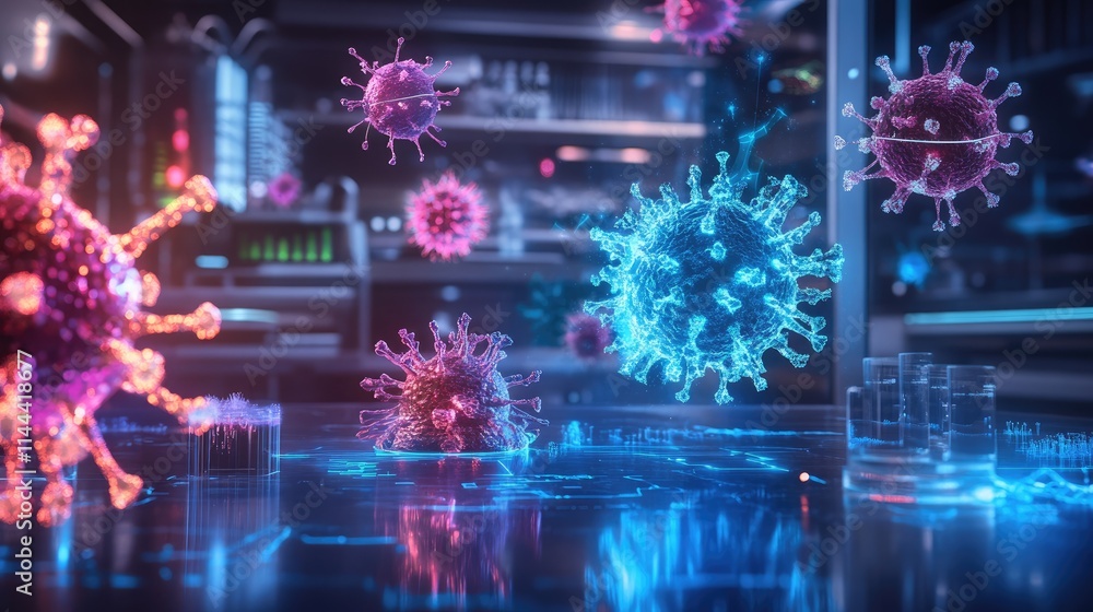 Diverse pathogens displayed as holographic projections in a sci-fi laboratory setting, pathogens, technological innovation Diverse pathogens displayed as holographic projections in a sci-fi laboratory setting, pathogens, technological innovation
