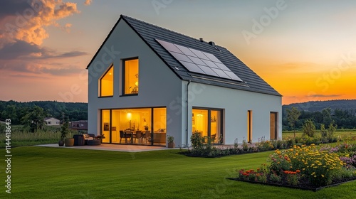 Modern house with solar panels illuminated at dusk in a serene garden setting...