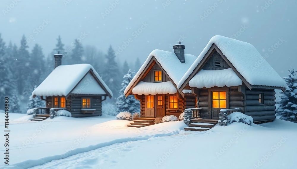 Fototapeta premium Cozy Winter Cabins in Snowy Wonderland Scene