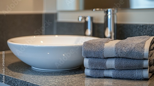 Stylish bathroom setting featuring a modern sink and neatly arranged towels o...