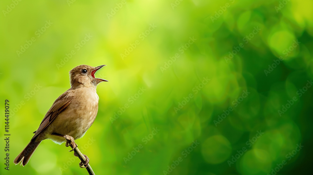 Fototapeta premium Singing nightingale against green background