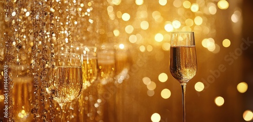 Sparkling champagne glasses against a glittering golden background, celebrati...