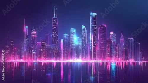 A vector illustration of an abstract background with lines depicting a vibrant cityscape silhouette at sunset