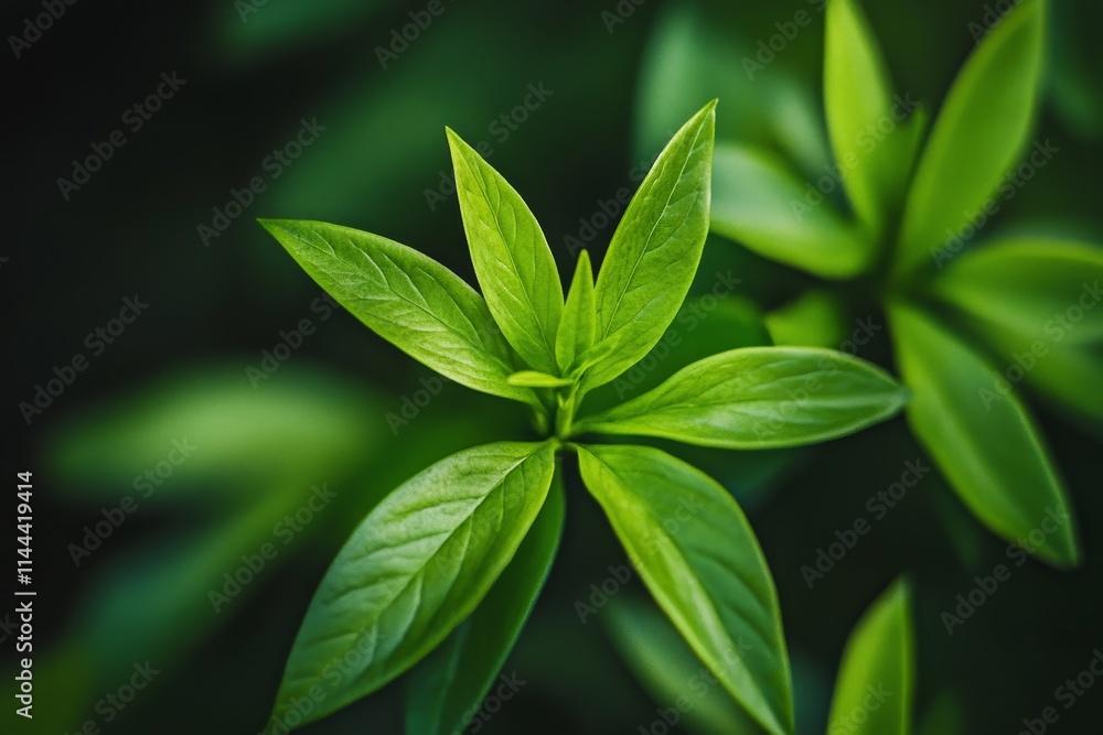 Close-up of vibrant green leaves emerging from a stem, set against a dark background. Close-up of vibrant green leaves emerging from a stem, set against a dark background.