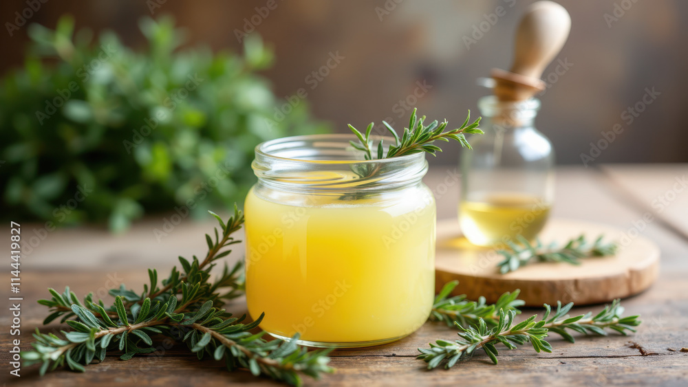 Beef tallow preserved in a glass jar with herbs on a rustic wooden table. Beef tallow preserved in a glass jar with herbs on a rustic wooden table.