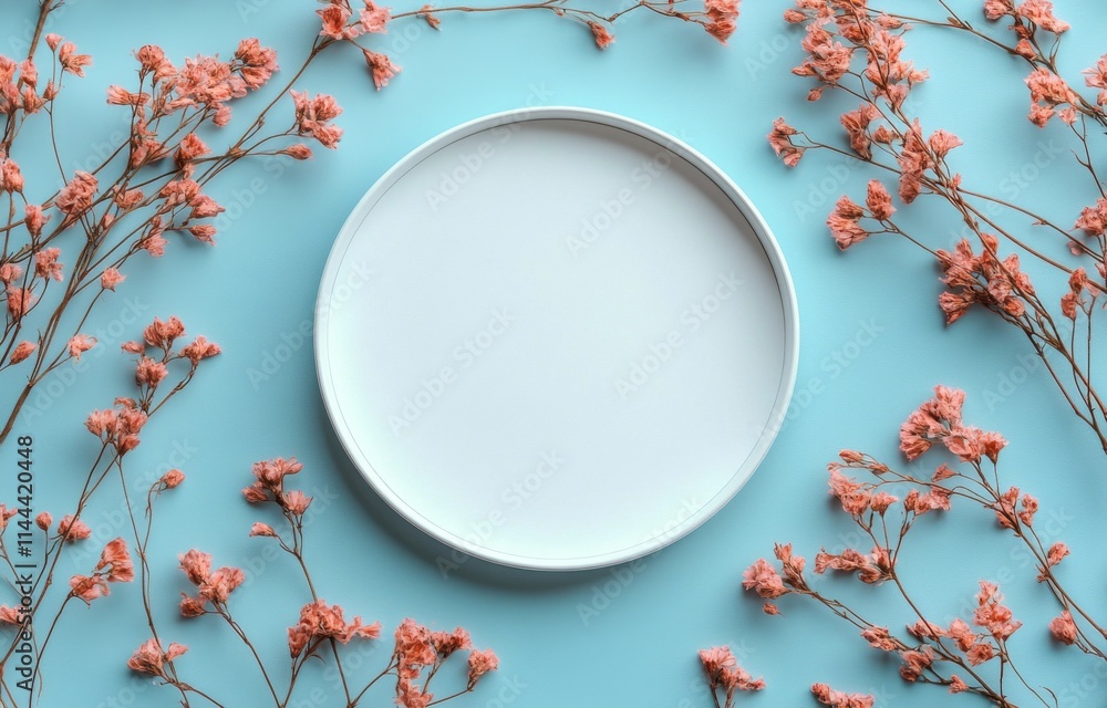Delicate pink blossoms surrounding a minimalistic white plate against a blue backdrop create a serene atmosphere