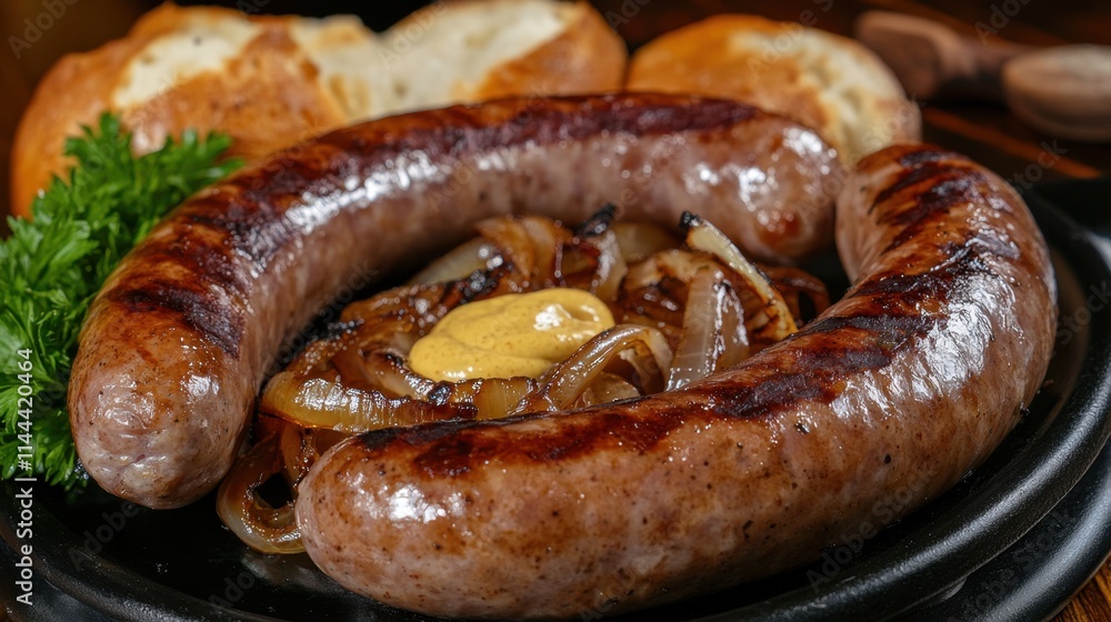 Grilled sausages with bread and onion on a wooden board. Bratwurst Sausage 